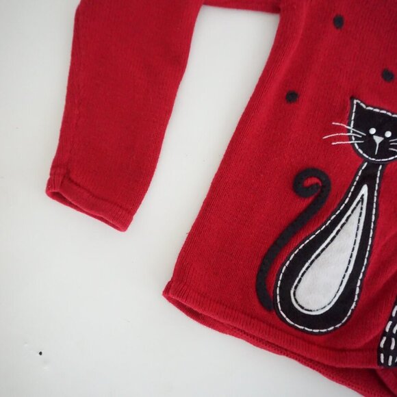 Vintage Timber Lea Red Black Embroidered Cats Knit Button Up Cardigan S - Picture 8 of 9